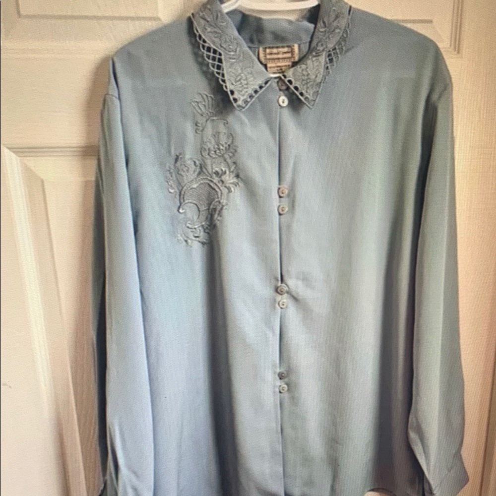 Elegant Blue Button-Up Blouse with Lace Details